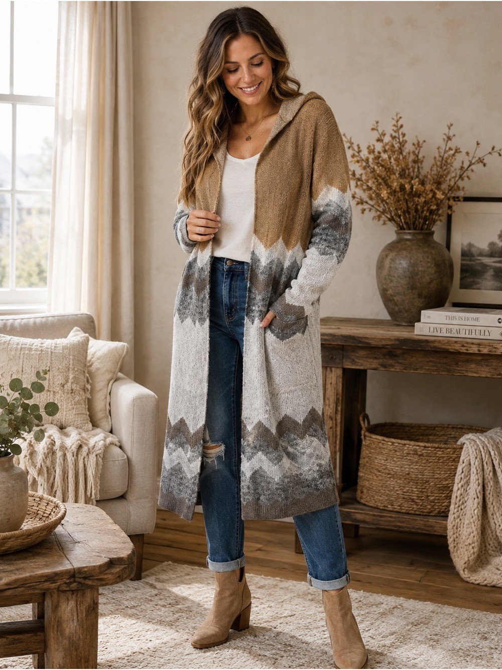 By Design Hooded Long Open-Front Cardigan Sweater - Camel, Gray & Cream Large